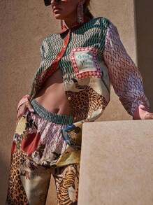 Women's Spring And Summer Thin Two Pieces Casual Leopard Print Long Sleeve Shirt And Pants Two Pieces Suit