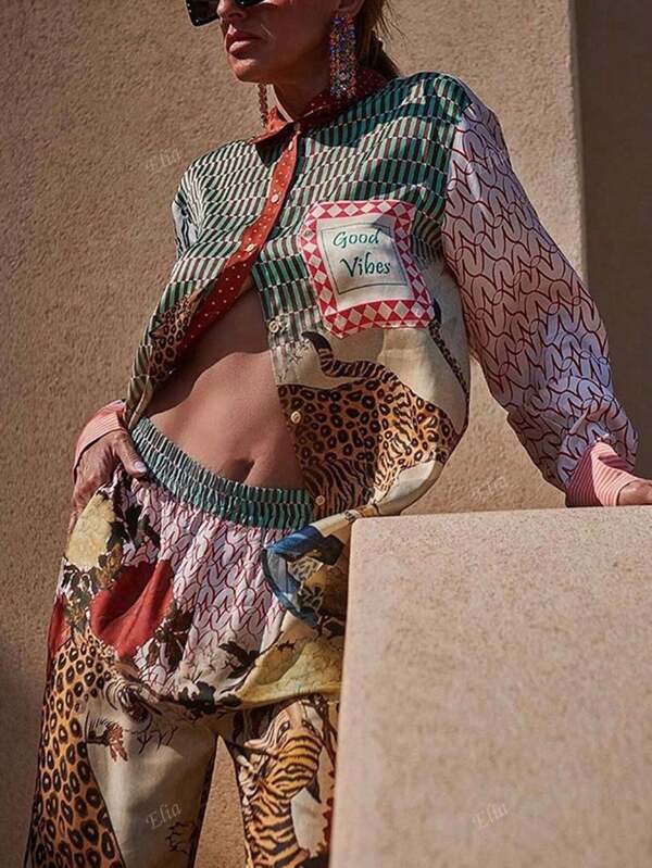 Terno feminino de duas peças, casual, com estampa de leopardo, manga comprida, camisa e calça, primavera e verão