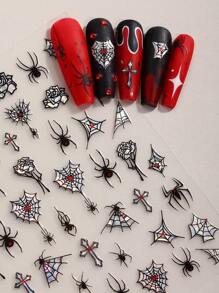 3 Stücke 3D Schädel Nail Art Aufkleber für Halloween, Laser Spinnennetz auflösende Love Skull selbstklebende Nail Decals, Nail Art Zubehör für Frauen DIY Nail Art Aufkleber