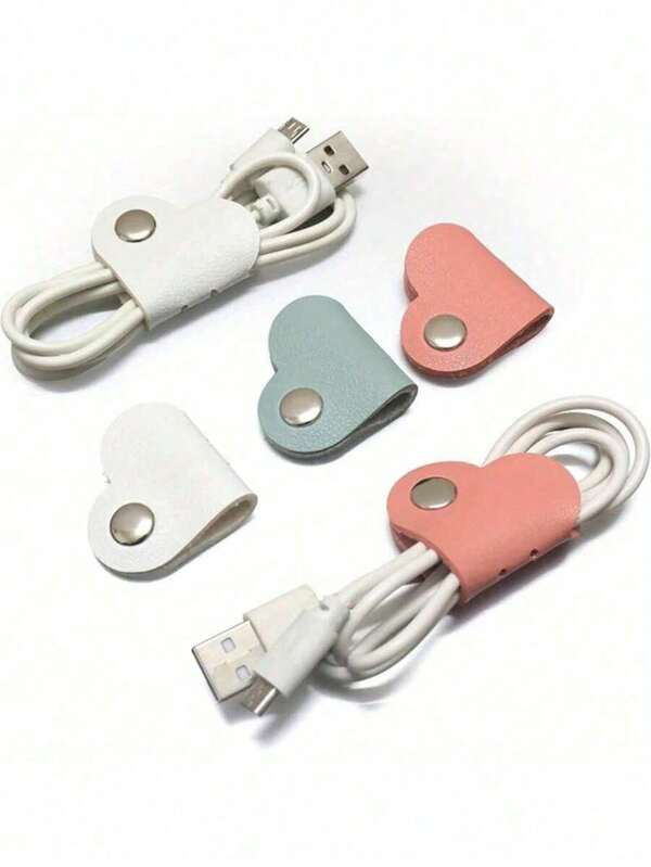 [6pcs Heart Shaped PU Leather Cable Ties]Reusable Multicolor Wire Organizer - Cute Cable Wrap For Headphones, Chargers, USB Cables - No Batteries Required, Practical Small Gift For Men And Women