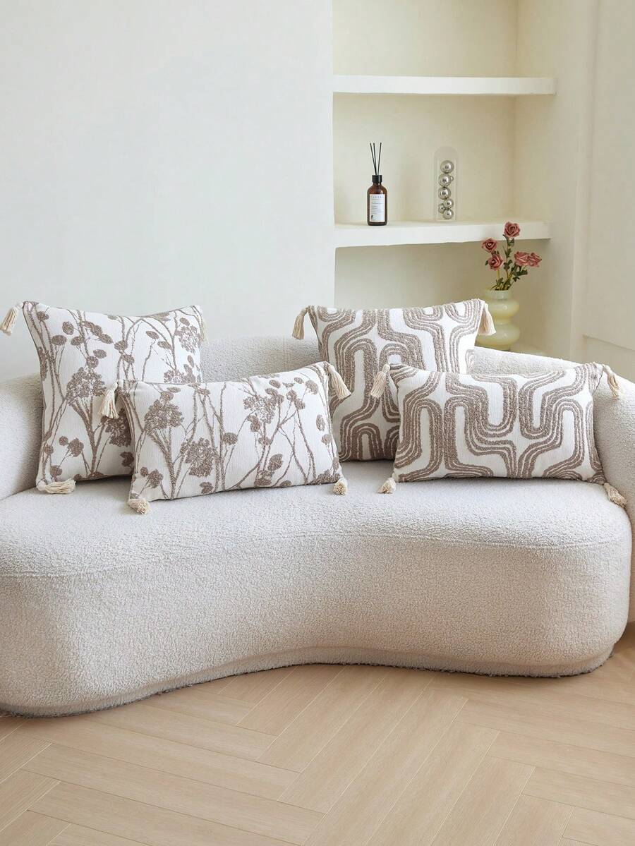 1pc Modern Geometric/Tree Jacquard Throw Pillow Cover, Suitable For Indoor Decor, All-Season Tasseled Decorative Pillow Sham (No Insert)