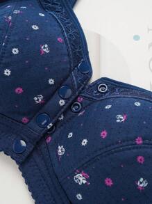 3 Peças Sutiã Sem Arame de Fechamento Frontal Macio com Estampa Floral, Roupa Íntima Feminina