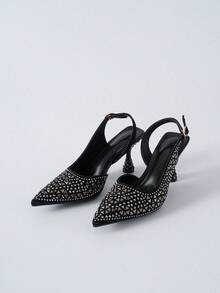 Clear Crystal Decorated Pointed Toe Square High Heel Sandals, Women Spring Summer New Backless Closed Toe Ankle Strap Shoes Winter Gifts - Black - View 11
