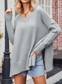 Women Solid Color Casual Split Side Loose Sweater