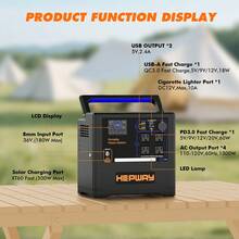 Hepway Portable Power Station 1300W, Foldable Soft-Touch Handle With 4*120V AC Outlet(Peak 2000W), USB-C PD 60W Backup 1154Wh Lithium Battery Pack Solar Generator For Outdoor Home Emergency Backup Camping Travel RV Van(Solar Panel Not Included) - màu đen - Xem 2