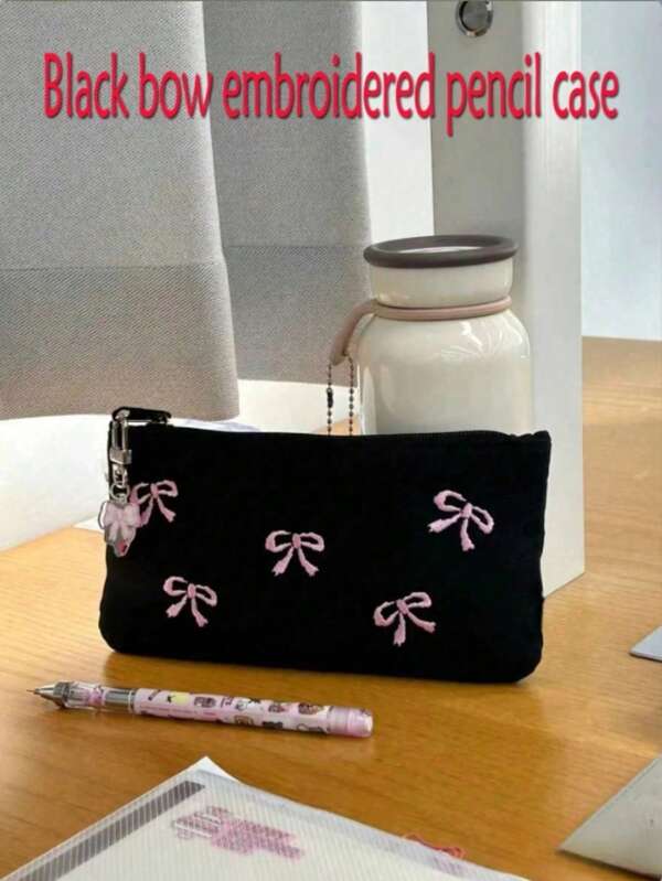 3pcs/1pc Black Butterfly Canvas Embroidered Pencil Case, Student Large Capacity Zipper Pencil Case, Suitable For Storing Cosmetics, Stationery Wallets, No Butterfly Pendant,Pencil Pouch,School Bag