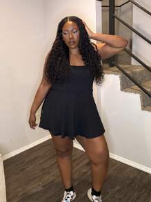 Truni Plus Size Women's Sleeveless Romper, Solid Color Pockets,One Piece Outfit
