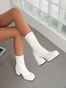 Women's Waterproof Platform Chunky Heel Ankle Strap High Heels, Ideal With Skirt - White - View 3