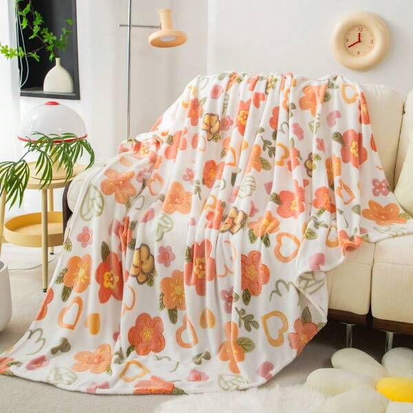 1pc Polyester Flannel Blanket, Floral Printed Blanket, Cozy Cow Pattern Wool Blanket For Home, Bedroom, Sofa, Office Nap, Summer Blanket, Soft & Warm, All Season