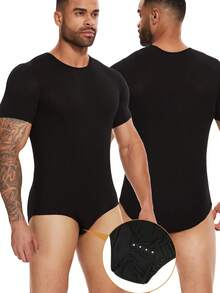 Men's One Piece Short Sleeve Romper T-Shirt Pajamas Bodysuit Solid Slim Fit Undershirt Leotard  Casual Jumpsuit Underwear Modal - 黑色 - 查看 1