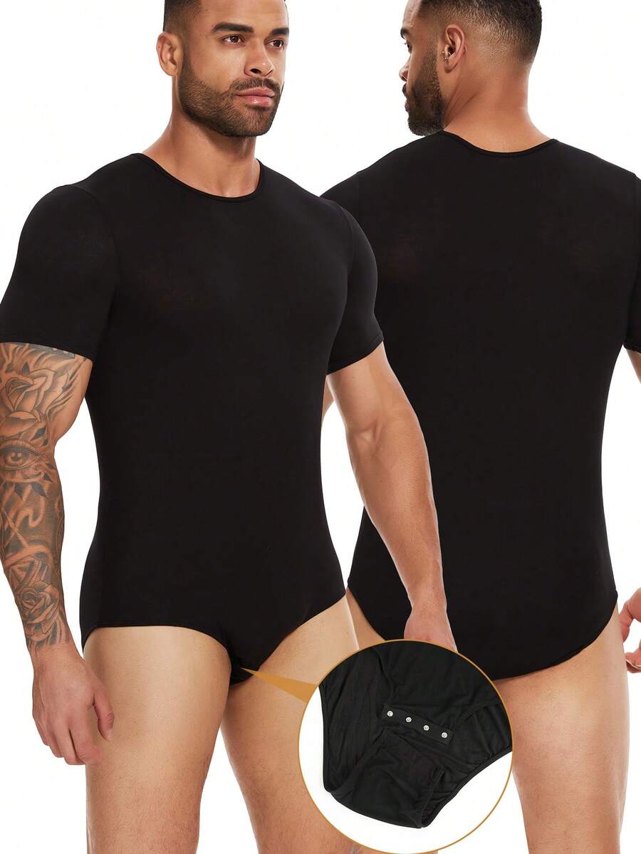 Men's One Piece Short Sleeve Romper T-Shirt Pajamas Bodysuit Solid Slim Fit Undershirt Leotard  Casual Jumpsuit Underwear Modal - 黑色 - 查看 1