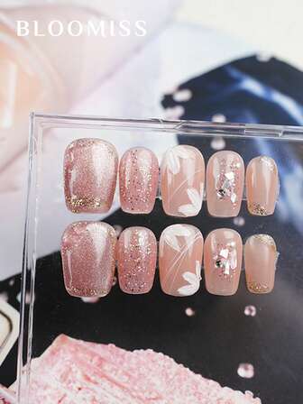 10 piezas de uñas postizas cortas hechas a mano, uñas rosas, uñas falsas reutilizables