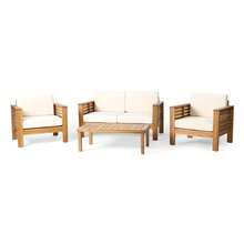Teak Acacia Wood Loveseat And Coffee Table Set With Cream Cushions-413 - Multicolor - View 2