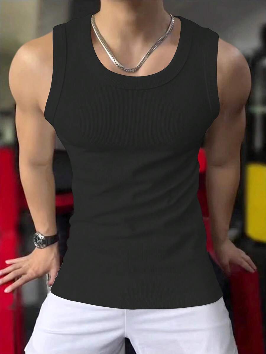 Camiseta de tirantes casual de hombre, de textura acanalada, ajustada y elástica - Negro - Ver 1