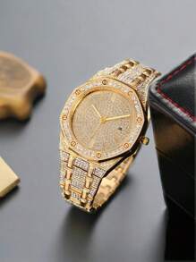 1 Peça Relógio de Quartzo Quadrado Fashionable Masculino com Banda de Aço Inoxidável Decorada com Strass e Calendário