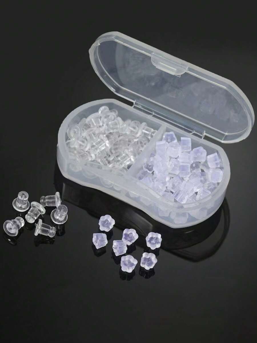 1 Box 2 Styles Silicone Transparent Plum Flower & Bullet Shaped Earrings Earplug Accessories For DIY Earring Decoration (With Box)