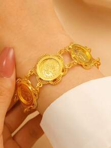 1 pieza Pulsera de mujer de cadena con moneda circular, ambiente festivo y elegante, adecuado para uso diario, fiesta y eventos