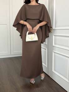 Elegant Arabic Style Dress With Captivating Cape-Like Shawl And Concealed Zipper Details, Ideal For New Year's Eve