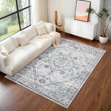 Washable Vintage Area Rugs, Retro Accent Bedroom Rug Soft Non Slip Throw Carpet For Living Room Kids Room, Distressed Floral Low Pile Floor Cover, Foldable Thin Home Decor Mat-5*7ft - Màu Xám nhạt - Xem 2