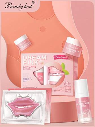 Beauty Host 粉色桃子味唇部护理套装，含唇膜、糖唇磨砂膏、泡泡唇去角质、润唇膏，5 件套唇部护理套装，适用于干燥和皲裂，万圣节圣诞节礼物