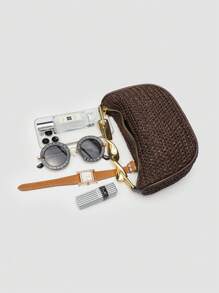 1 pieza Bolso de playa trenzado, nuevo bolso de verano para mujer con asa metálica, mini bolso cruzado con cremallera trenzado, bolso tote casual de paja trenzado, perfecto como accesorio para playa y vacaciones, incluye correa desmontable