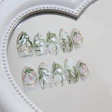 24Pcs Green Flower Press On Nails Medium Almond Nails With 3D Pearl Rhinestones Design Glossy Gold French Tip Acrylic False Nails - 3D-8 - 查看 5