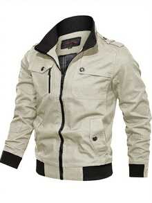 Men's Cargo Style Jacket With Color Block And Zipper, Suitable For Spring And Autumn Wear, Solid Color Slim Fit Men's Jacket, Suitable For Gifting To Family, Husband, Or Boyfriend - 酒紅色 - 查看 3
