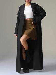 Jeta Ari Extra Long Full Length Solid Color Double-Breasted Long Sleeve Windbreaker - Black - View 4