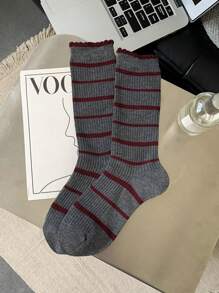 5 Pairs Grey Knitted Thigh High Socks, Women Ribbed Mid-Calf Socks