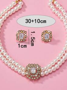 1 套奢华人造珍珠几何方形全水钻项链和耳环首饰套装，适合女性日常和场合佩戴 - 彩色 - 查看 4