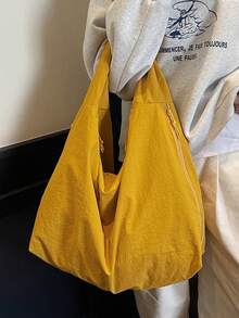 2025春夏新款黑色尼龙包，大容量纯色单肩包，休闲日式布包，百搭学院风双肩包，简约时尚手提包，大容量短途旅行包，多个拉链侧袋 - 黃色 - 查看 4