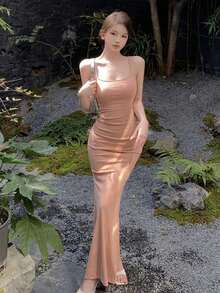 性感褶皱腰身露背镂空修身吊带连衣裙，优雅夏季女装 - 藕粉色 - 查看 5