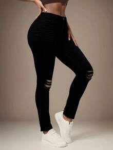 Women's Y2K Low Waist Non Elastic Loose Straight Leg Jeans, Paired With Torn Hole Decoration, Suitable For Street Hip-Hop, Parties, Birthday Parties, Rap, Music Festivals, Concerts, Rebellious Girls - 黑色 - 查看 2