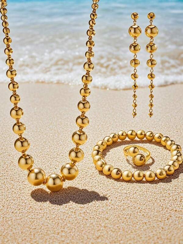 5pcs/Set Summer Beach Gold Beaded Jewelry Set, Ball Bead Necklace, Bracelet, Tassel Earrings, Open Ring, Suitable For Ladies Holiday Party Wear