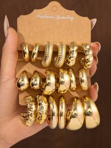 6-18PCS Luxury Gold Thick Twisted C-Shape Teardrop Earring Set, Suitable For Women Fashion Metal Geometric Round Earrings, Personalized Exaggerated CC Earrings Creative Vintage Hoop Earrings Set