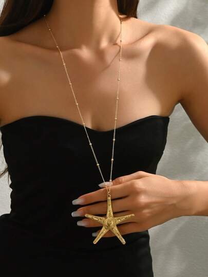 1pc Fashionable Elegant Golden Starfish Pendant Necklace For Women, Suitable For Daily And Holiday Wear, Beach Style Design, All Season Accessory