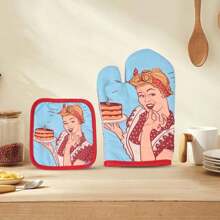 Two Pieces Set Of Insulation Gloves And Mats For Kitchen Microwave, Thickened Grid Heat-Resistant Gloves, High-Temperature Baking Oven Gloves