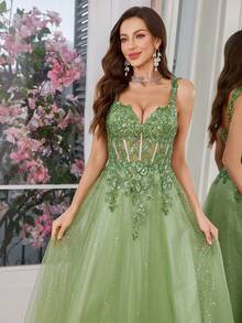 Olive Green Tulle Slip Dress Long A Line Sparkly Embroidery Prom Dress, Party Dress - Olive Green - View 4