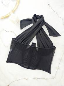 1pc Sheer Mesh Sexy Bustier Crop Top, Lace-Up Spaghetti Strap Corset Vest For Party