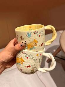 Quà tặng ngày Valentine: Cốc sứ hoa văn tự nhiên 300ml, cốc ăn sáng vẽ tay hình động vật, bộ cốc cà phê đôi họa tiết hoạt hình đan móc, cốc pha cà phê nghệ thuật Latte dùng cho văn phòng và gia đình. - Kem-Thỏ - Xem 3
