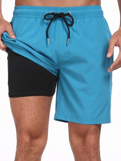 夏季新款男士休闲沙滩短裤，带拉链口袋，加大码双层牛奶丝内衬泳裤