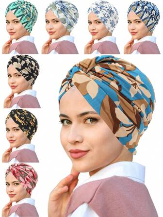 1pc Women Fashion Printed Head Scarf, Muslim Turban Hat, Chemo Cap