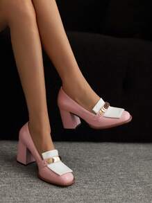 Retro Square Toe Chunky Heel Pumps, Metal Buckle Patent Leather Casual Shoes, Versatile Wedding Shoes