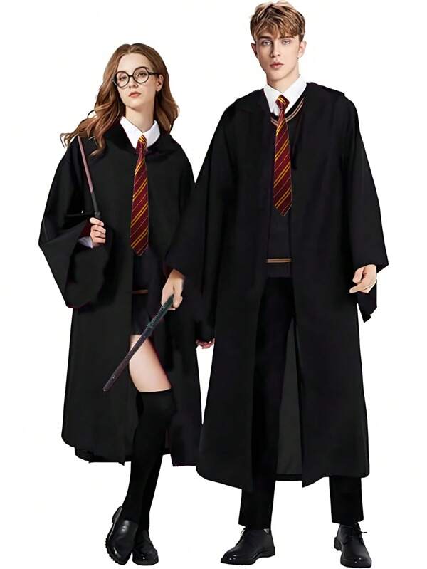 1 pieza/2 piezas-Túnica de mago unisex, atuendo de universidad mágica con capa con capucha, disfraz de mago para mujeres y hombres-Gafas redondas falsas con montura negra - Gafas de lectura falsas para disfraz de mago en fiesta de Halloween para adultos, hombres y mujeres-Corbata burdeos y dorada de Skeleteen - Accesorios de disfraz de mago para vestirse