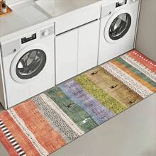 1 pieza Alfombra suave de cocina, Felpudo lavable antideslizante, Alfombra camino, Felpudo, Juego de alfombrillas de baño, sala de estar, lavandería, Alfombra de área, Decorativa apta para cocina, sala de estar, entrada, balcón, decoración del hogar, anti-suciedad, cafetería, bar, fiesta, regalo festivo, Alfombra de piso de dormitorio, Alfombra de baño, Decoración de habitación, Decoración de cocina, Diseño de reno en marco azul y blanco a rayas de fondo colorido