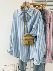 YUXIN Camisa holgada a rayas vintage, blusa de chaqueta de manga larga con cuello para mujer, cómoda de llevar para múltiples ocasiones, ideal para primavera y otoño