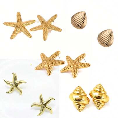Romantischer Sommer Urlaubsstil Ohrringe aus goldenem Edelstahl, Ohrringe im Ozeanstil mit Seestern, Muschel, Sonne, Herz, geeignet für Frauen zum Tragen im Urlaub, Geschenke für Frauen und Mädchen