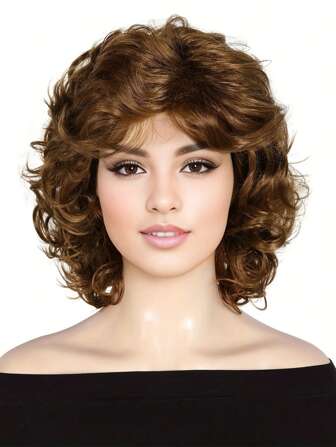 12 Inch Short Brown Natural Wave Wigs With Bangs Synthetic Wigs For Women Daily Party Used