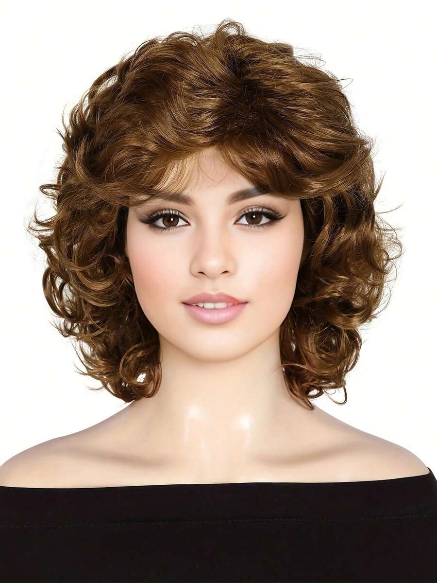 12 Inch Short Brown Natural Wave Wigs With Bangs Synthetic Wigs For Women Daily Party Used - Brown - View 1
