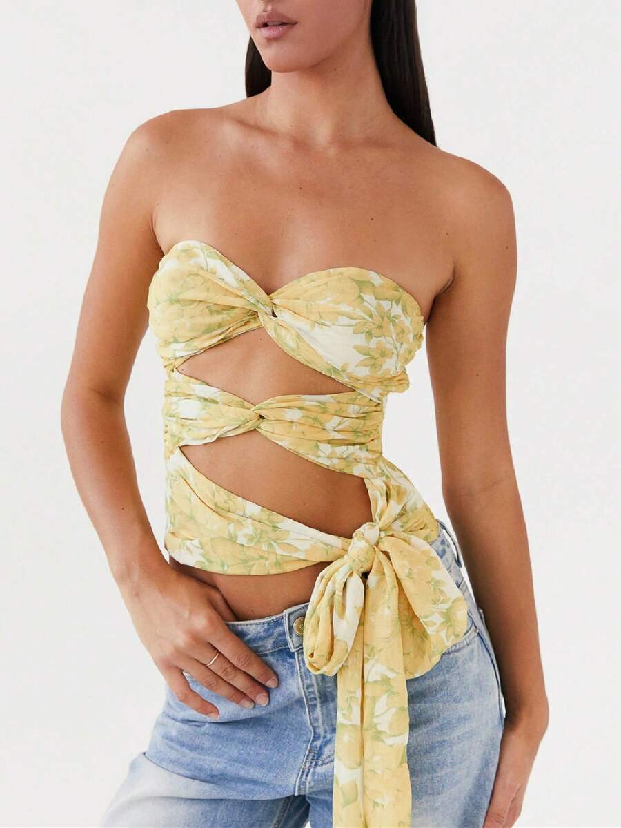 Women Ruched Tube Top Hollow Out Twist Knot Tie Up Strapless Crop Top  Going Out Summer Tops - 黃色 - 查看 1